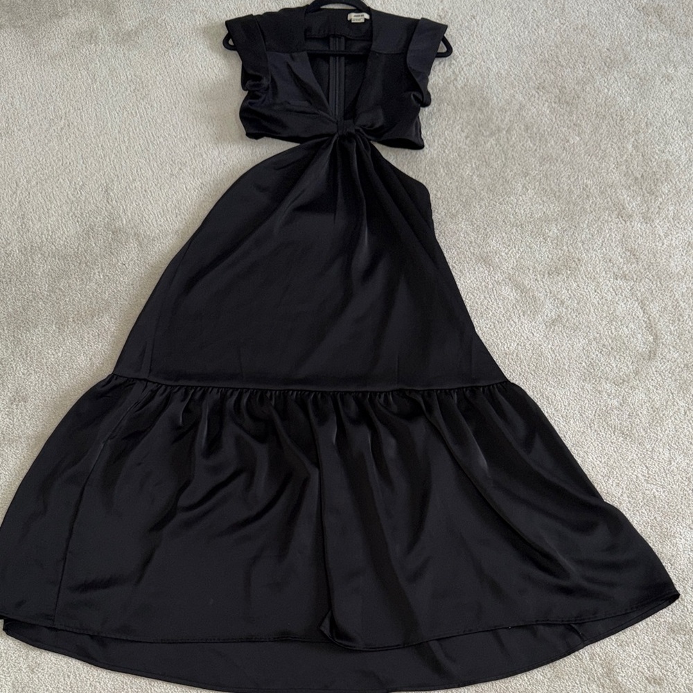 Jason Wu Waist Cutout Cuffed Cap Sleeve V-Neck Satin Dress True Black sz Small